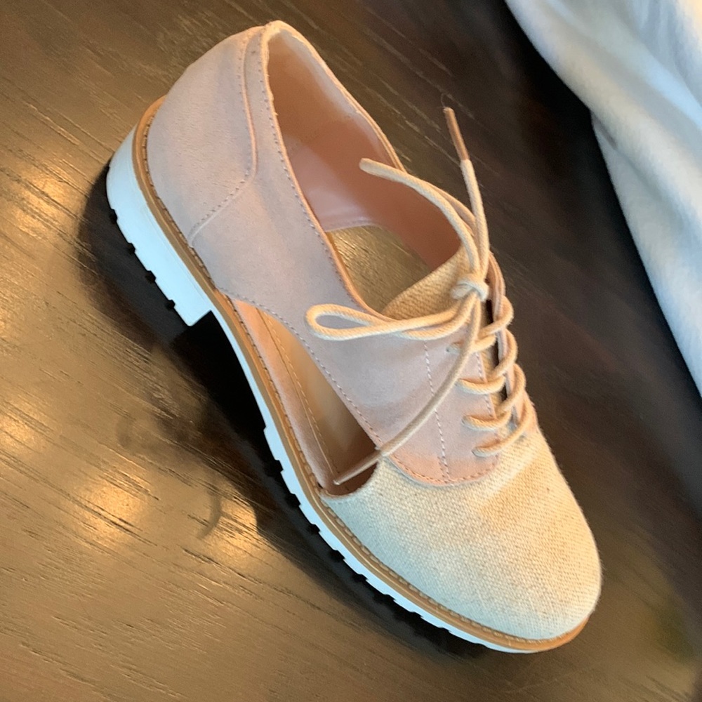 Pink leather and tan fabric loafer